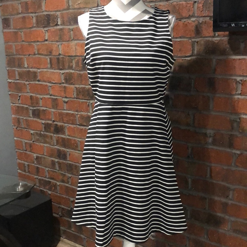 Women’s black & white stripped A-line dress from Talbots Outlet. Size MP.